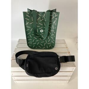 LULULEMON BLACK WAIST BELT BAG WITH GREEN SHOPPING TOTE